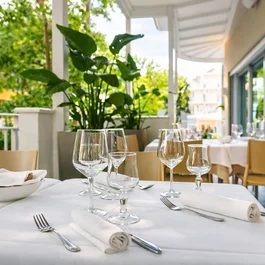 Hotel Regal: comfort ed eleganza a Rimini Tavolo apparecchiato su terrazza di ristorante con piante verdi e sedie beige