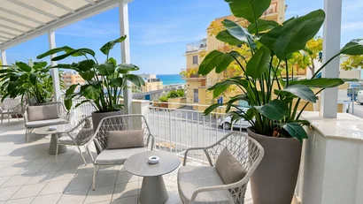 Hotel Regal: comfort ed eleganza a Rimini Terrazza con sedie e tavolino vista mare con grandi piante in vaso
